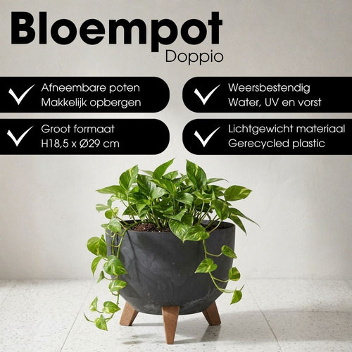 Mica Decorations Doppio Plantenbak op Poten - 18,5 x Ø29 cm - Plantenbakken voor Buiten - Bloembakken voor Balkon - Gerecycled Plastic - Zwart