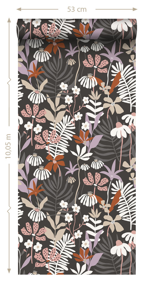 ESTAhome behang tropische bladeren en bloemen grijs en meerkleurig - 50 x 900 cm - 131001 - vtwonen shop