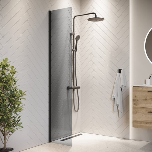 Badplaats Douchewand Rizani 40 x 200 cm – Zwart – Rookglas Inloopdouche 8 mm Veiligheidsglas