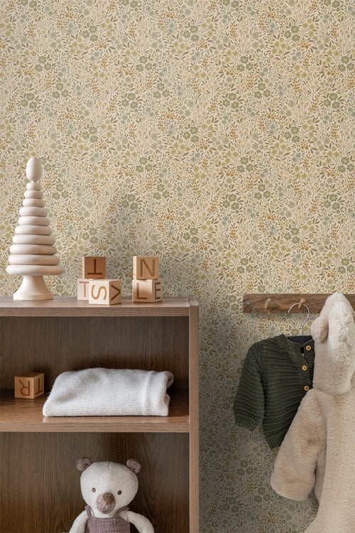 ESTAhome behang bloemetjes vergrijsd olijfgroen - 50 x 900 cm - 131457 - vtwonen shop