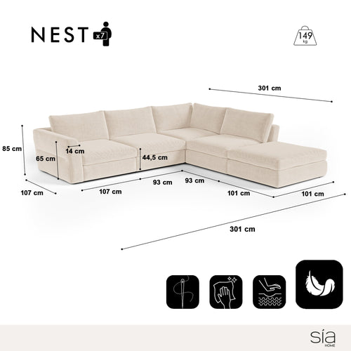 Sia Home - Modulaire bank met grote rechte hoek NEST - Zacht aanvoelende geweven stof - Beige - 301cm