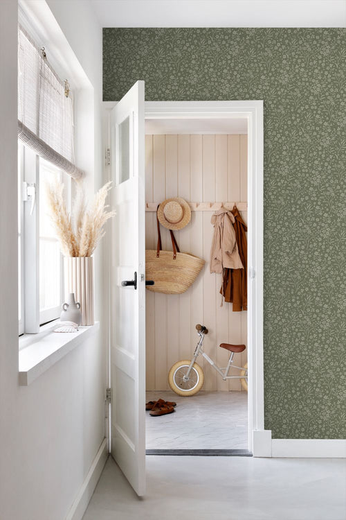 ESTAhome behang bloemetjes donkergroen - 50 x 900 cm - 131998