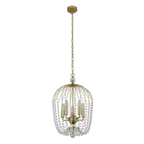 Searchlight Shower Hanglamp met 5 lampen, gouden afwerking, metaal, helder kristal
