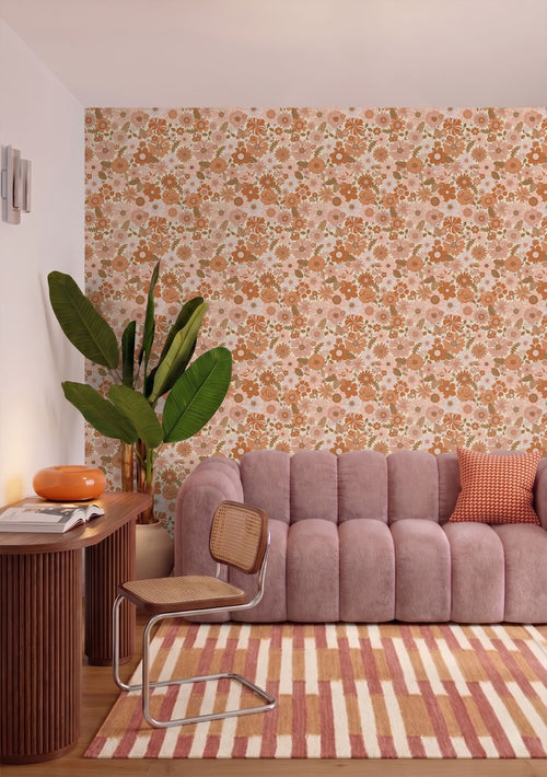 ESTAhome behang retro bloemen terracotta roze en oranje - 53 cm x 10.05 m - 130962