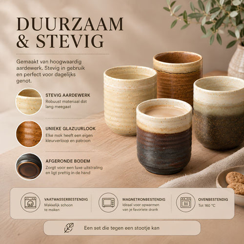 Mica Decorations Ethan Koffiemokken Set - 4 Porseleinen Mokken in Off White, Terra, Donkerbruin en Zwart - Geschikt voor Vaatwasser, Magnetron en Oven