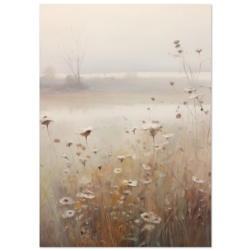 Artfulprints Poster Foggy flowerfield 1   - A4 21x29.7 cm - Taupe