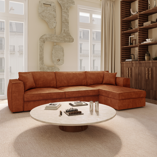 Premium Interiors - Rechthoekige hoekbank MIKA - zacht aanvoelende geweven stof terracotta 292cm