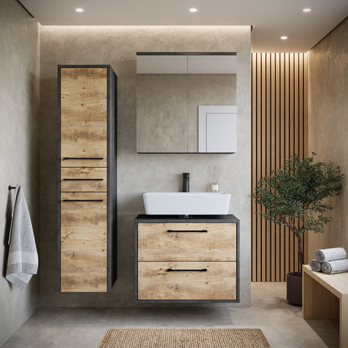 Badplaats Wastafelkast Set Florence 60 x 35 cm – Kastanje Eiken met Donker Grijs – Badmeubel met Spiegelkast en Kolomkast