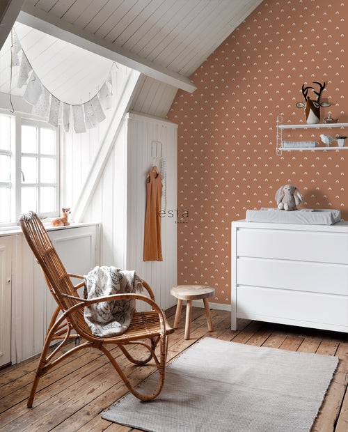 ESTAhome behang regenboogjes terracotta en wit - 50 x 900 cm - 139385