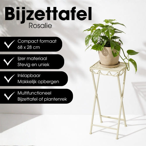 Mica Decorations Rosalie Planttafel voor Buiten - Plantenstandaard voor Kamerplanten 68 x 28cm - Inklapbaar - IJzer - Offwhite