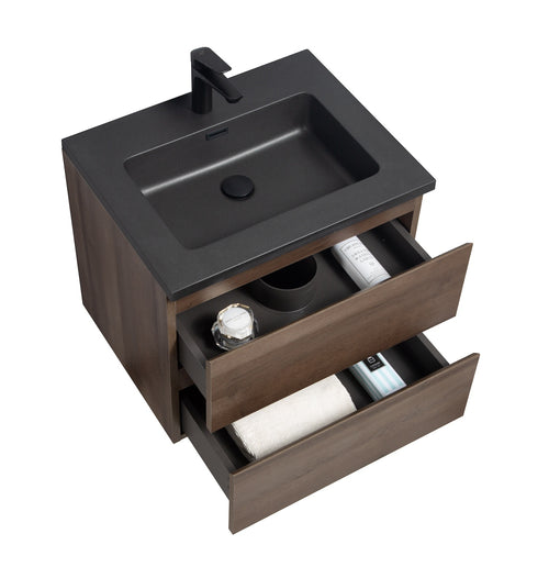 Badplaats Badkamermeubel Set Angela 60 cm – Bruin Eiken – Badmeubel met Zwarte Wastafel