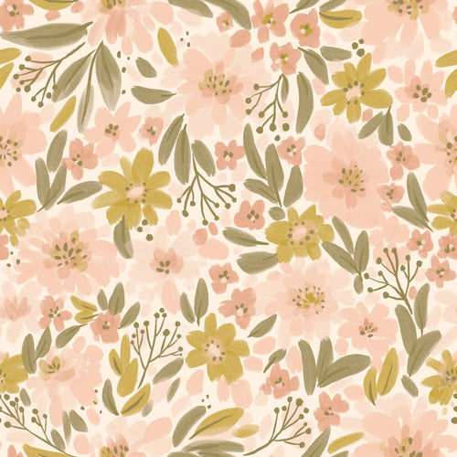 ESTAhome behang bloemen zacht roze, okergeel en vergrijsd groen - 50 x 900 cm - 130924 - vtwonen shop