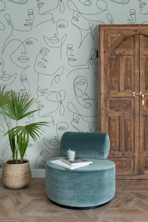 ESTAhome fotobehang line art gezichten vergrijsd groen - 150 x 279 cm - 158957