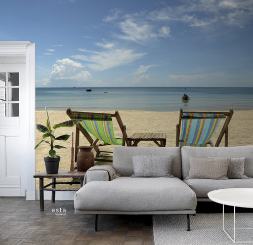 ESTAhome fotobehang strand blauw en beige - 279 x 270 cm - 156516 - vtwonen shop