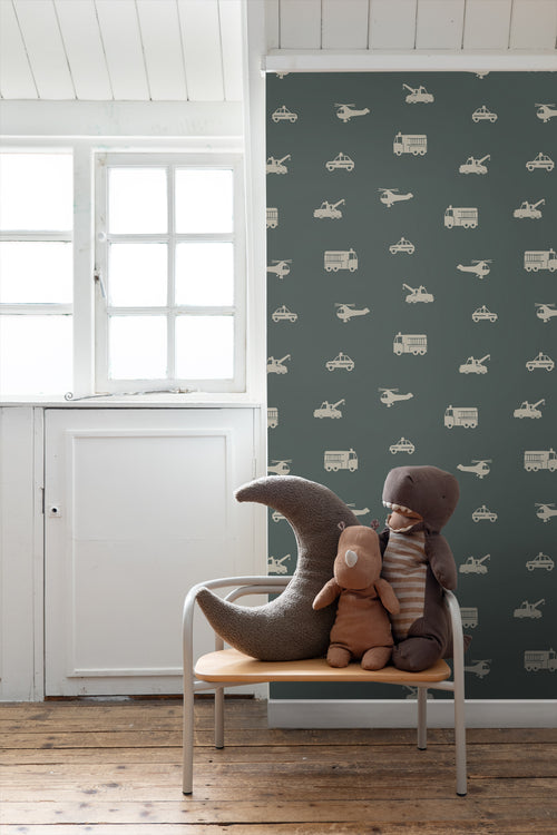 ESTAhome behang auto's, brandweerauto's, helikopters en kranen donkergroen - 53 cm x 10.05 m - 131400 - vtwonen shop