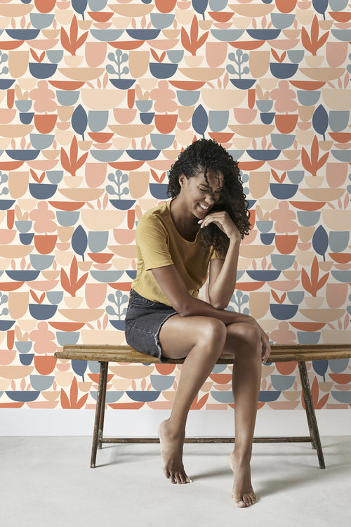 ESTAhome behang aardewerk en planten terracotta en blauw - 50 x 900 cm - 131073 - vtwonen shop