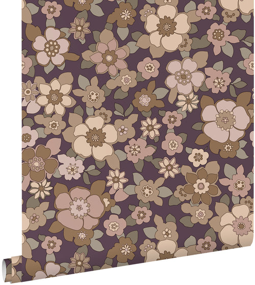 ESTAhome behang retro bloemen donker paars en beige - 50 x 900 cm - 131529 - vtwonen shop