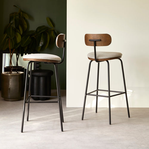 Tikamoon Barstoel in donker massief eikenhout, grijze stof en metaal - Grijs