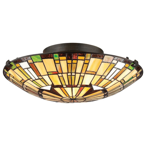 Deckenleuchte im Tiffany-Stil Valiant Bronze, Kunstglasschirm 2x E27