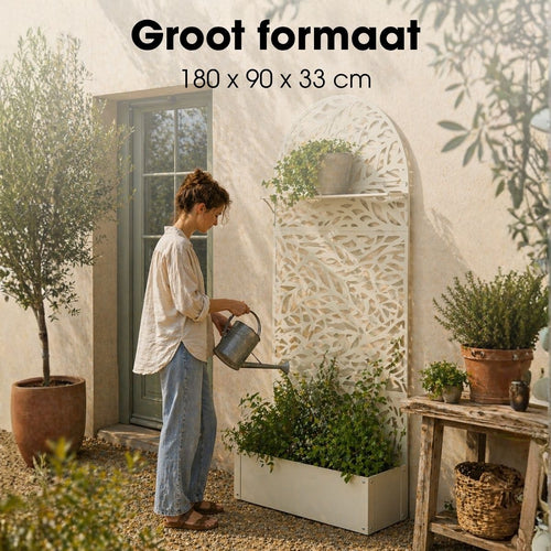 Mica Decorations Sapri Plantensteun - Plantenbak met Klimrek voor Klimplanten - Plantenstandaard Vrijstaand of tegen Muur - 90 x 33 x 180 cm - Off
