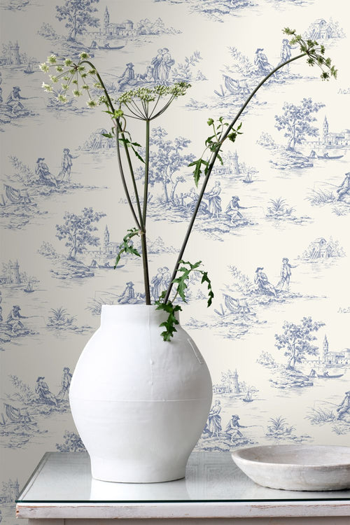 ESTAhome behang toile de jouy print blauw en wit - 50 x 900 cm - 132110
