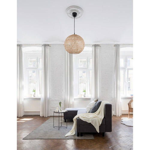 Merano Alexandria Koepel Hanglamp Plafondlamp Natuurlijk Bamboe Zwart Stof Draad, Lampvoet LED E27