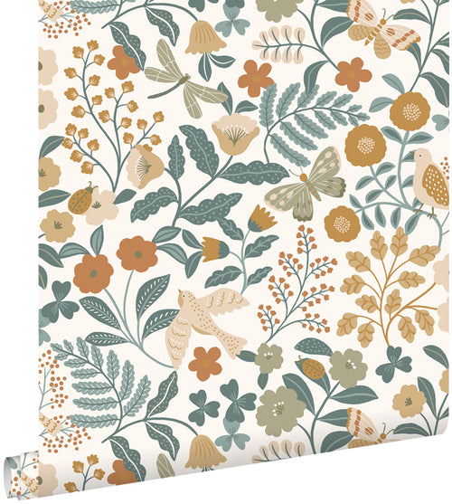 ESTAhome behang bloemen en vogels grijsblauw, olijfgroen en okergeel - 50 x 900 cm - 139865 - vtwonen shop