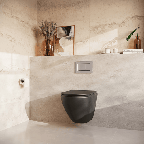 LOMAZOO hangtoiletset Linea - met inbouwreservoir & vierkante drukplaat - rond - chroom / zwart
