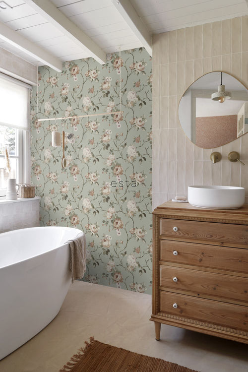 ESTAhome behang vintage bloemen vergrijsd mintgroen en zacht roze - 53 cm x 10.05 m - 139291