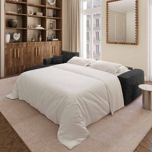 Premium Interiors - Linkerhoekbank met snelle uitklapfunctie COMO - corduroy zwart 300cm
