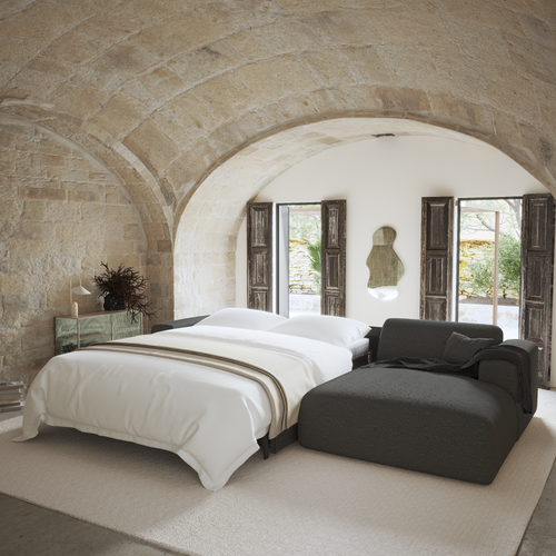 Sia Home - Hoekbank links, uitklapbaar MYRA - bouclé-stof grafietgrijs 299cm