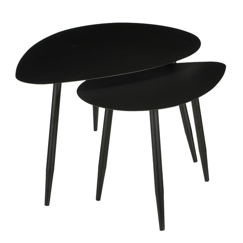Mica Decorations Bijzettafel Set van 2 - Salontafel Zwart met Druppelvormig Blad - Ronde Tafel voor Binnen - Slim Stapelbaar Nachtkastje - L80 x B60 x
