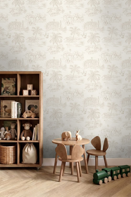 ESTAhome behang jungle dieren beige en wit - 50 x 900 cm - 132118