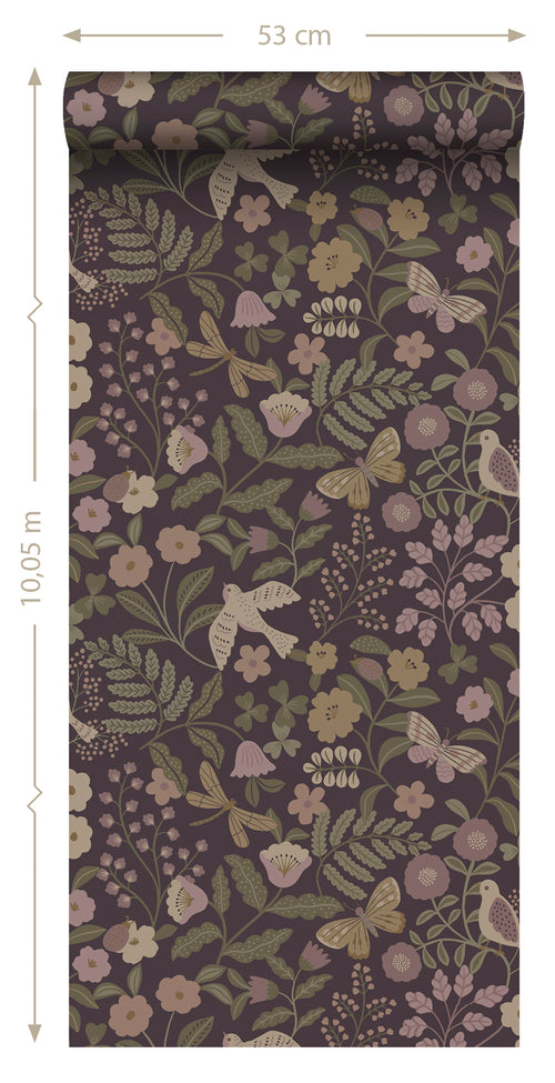 ESTAhome behang bloemen en vogels aubergine paars, olijfgroen en lila paars - 50 x 900 cm - 139871 - vtwonen shop