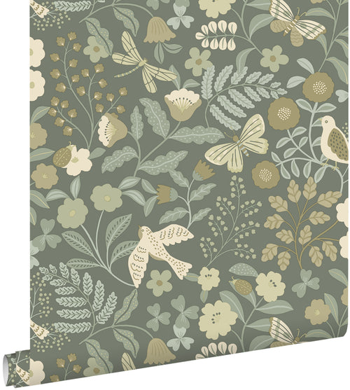 ESTAhome behang bloemen en vogels vergrijsd groen - 50 x 900 cm - 131465 - vtwonen shop