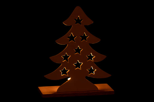 J-Line theelichthouder Kerstboom - aluminium/hout - naturel/wit - large