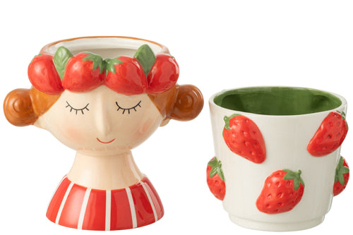 J-Line bloempot 2 Delen Aardbei Meisje Dolomiet - keramiek - mix - Ø 17.5 cm