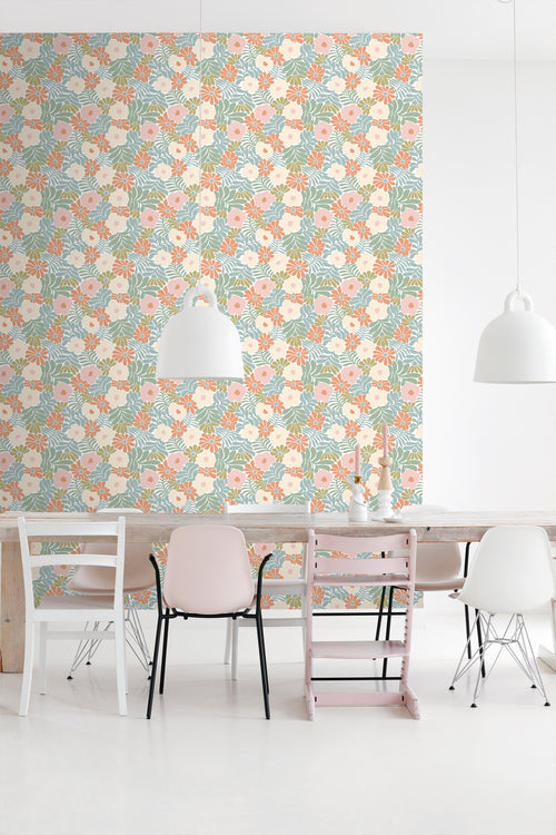 ESTAhome behang bloemen in Matisse stijl turquoise, oranje, olijfgroen en beige - 50 x 900 cm - 131004 - vtwonen shop