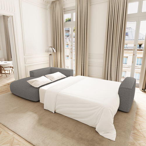 Premium Interiors - Linkshoekbank met slaapfunctie en opbergruimte COMO - bouclé-stof grafietgrijs 297cm