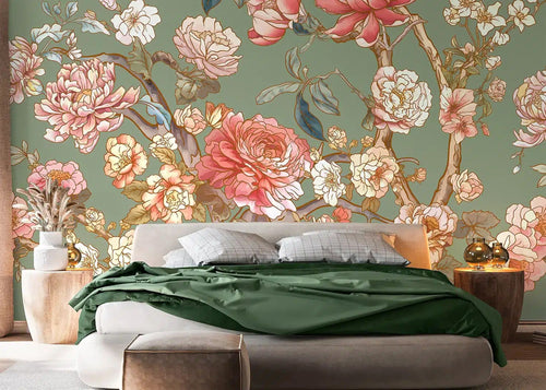 Sanders & Sanders fotobehang romantische bloemen groen en roze - 375 x 270 cm - 601463