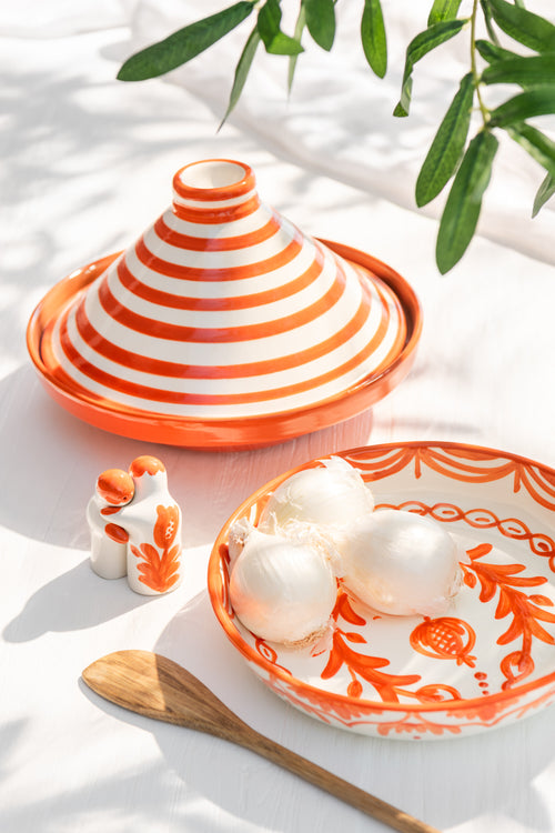 J-Line tajine Granada Stripes - keramiek - wit/oranje
