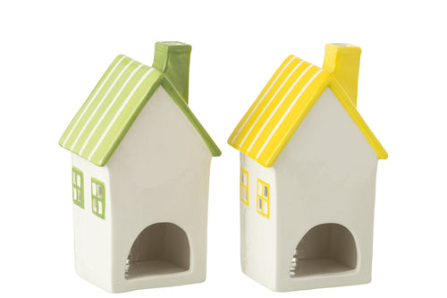 J-Line theelichthouder Huis Dolomiet - keramiek - geel/groen - 2 stuks