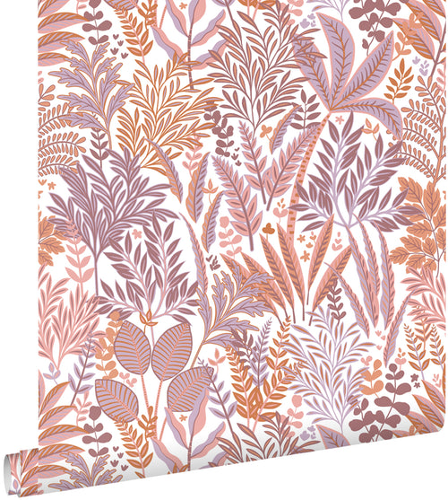ESTAhome behang tropische bladeren en bloemen oranje en paars - 50 x 900 cm - 131667
