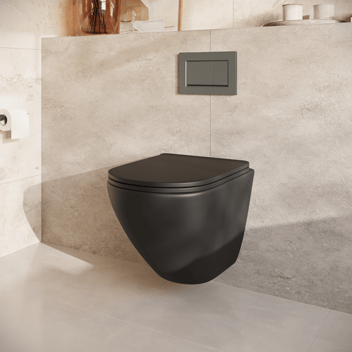 LOMAZOO hangtoiletset Linea - met inbouwreservoir & vierkante drukplaat - rond - gun metal / zwart