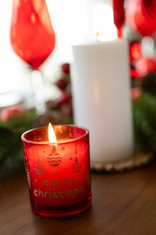 J-Line Kaars Merry Christmas - glas - kerstrood/smaragdgroen - assortiment van 2