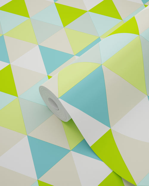 ESTAhome behang driehoekjes limegroen, turquoise en beige - 53 cm x 10.05 m - 138713