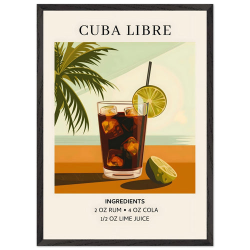 Artfulprints Poster met Lijst Cuba Libre cocktail - Ingrediënten   - 50x70 cm - Bruin