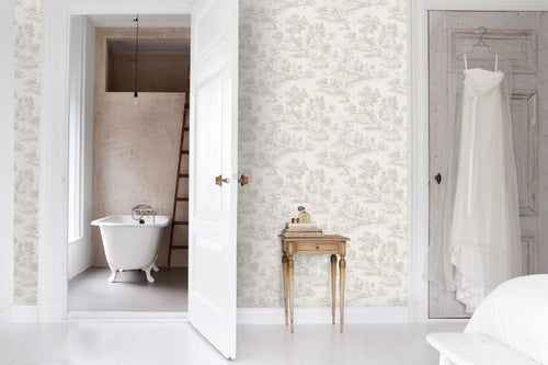 Sanders & Sanders behang toile de jouy print beige - 53 cm x 10 m - 641034