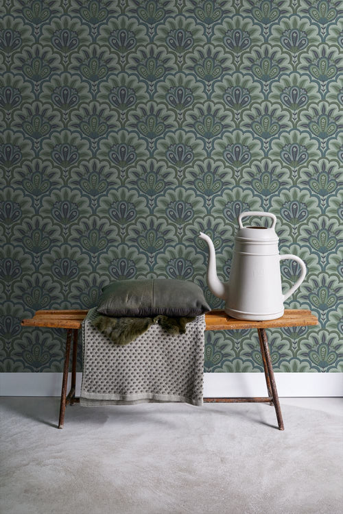 ESTAhome behang oosters barok motief blauw en groen - 50 x 900 cm - 131037