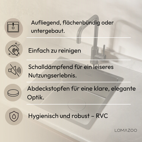 LOMAZOO Spoelbak Keuken Inferno - 50 x 40 cm - Gun Metal - RVS